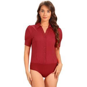 Button Down Leotard Shirt Short Sleeve Collared Work Bodysuit Tops Red